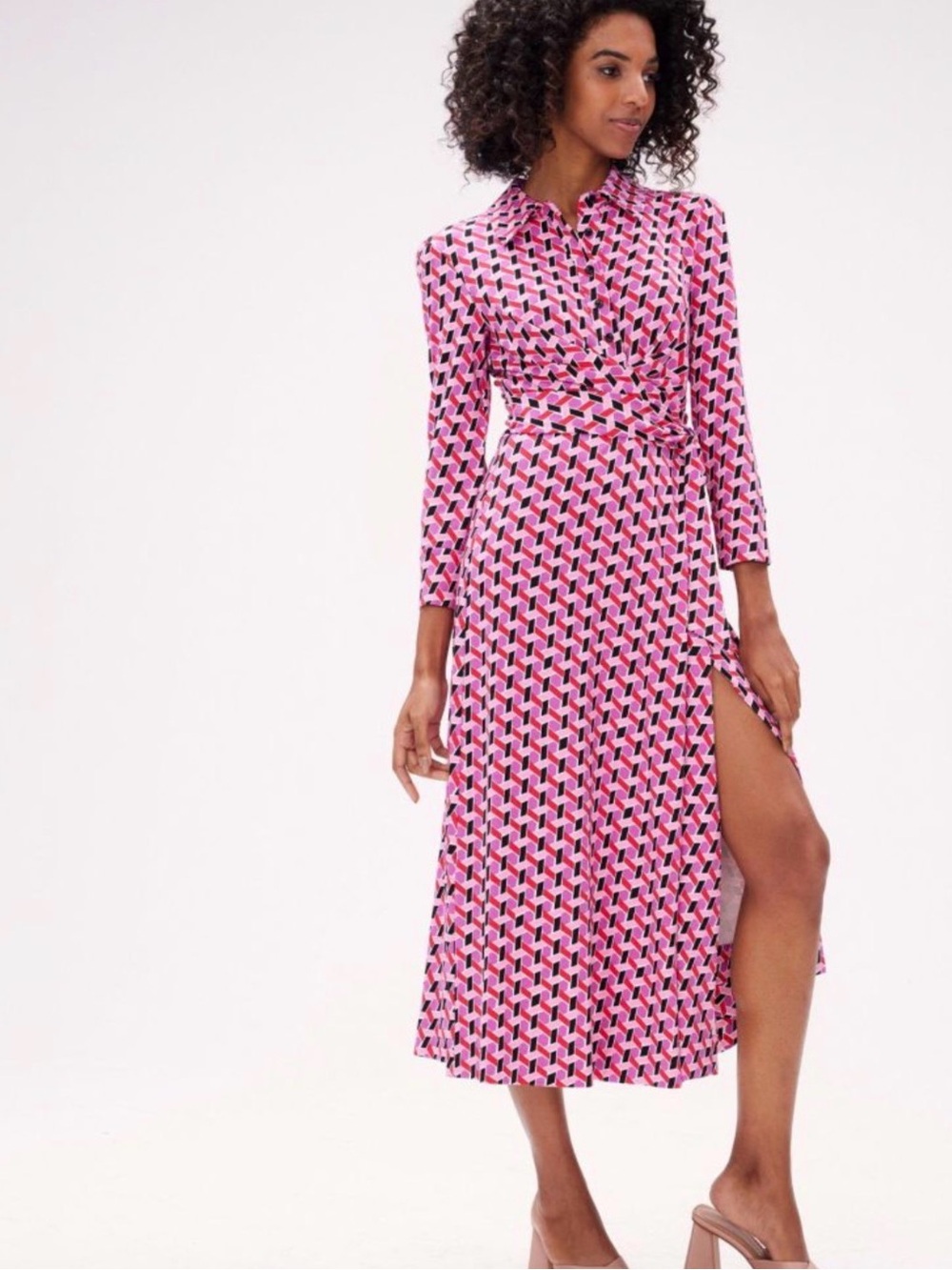 NEW NWOT Diane Von Furstenberg Sana Geo Print Long Sleeve Wrap Front Dress L - Picture 4 of 16